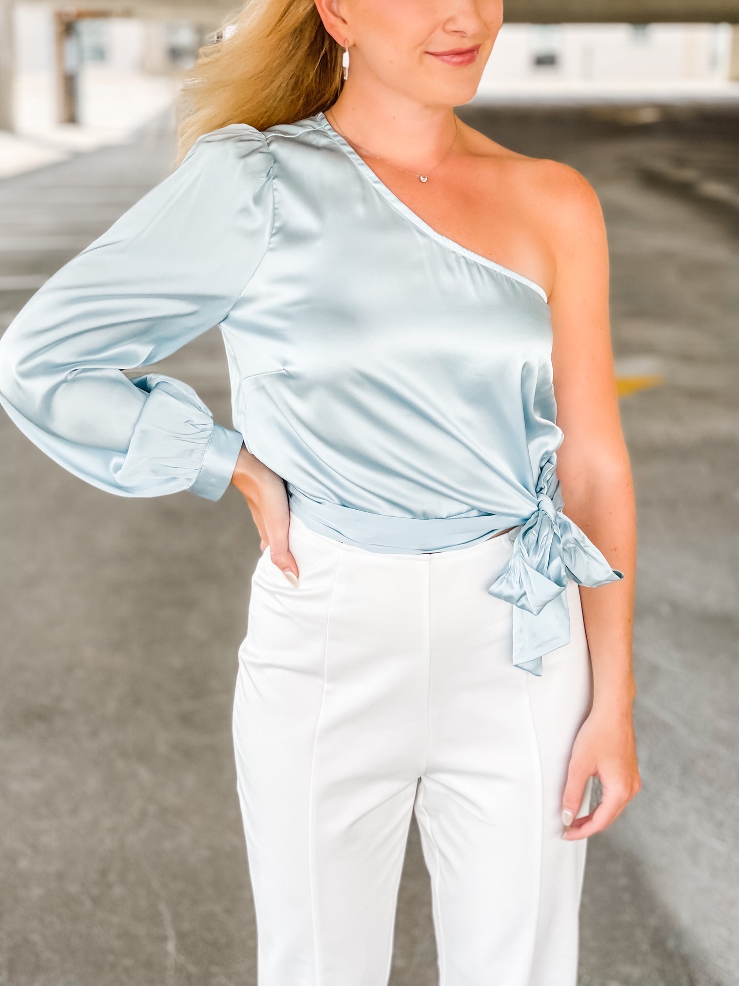 Kigin One Shoulder Long Sleeve Satin Top