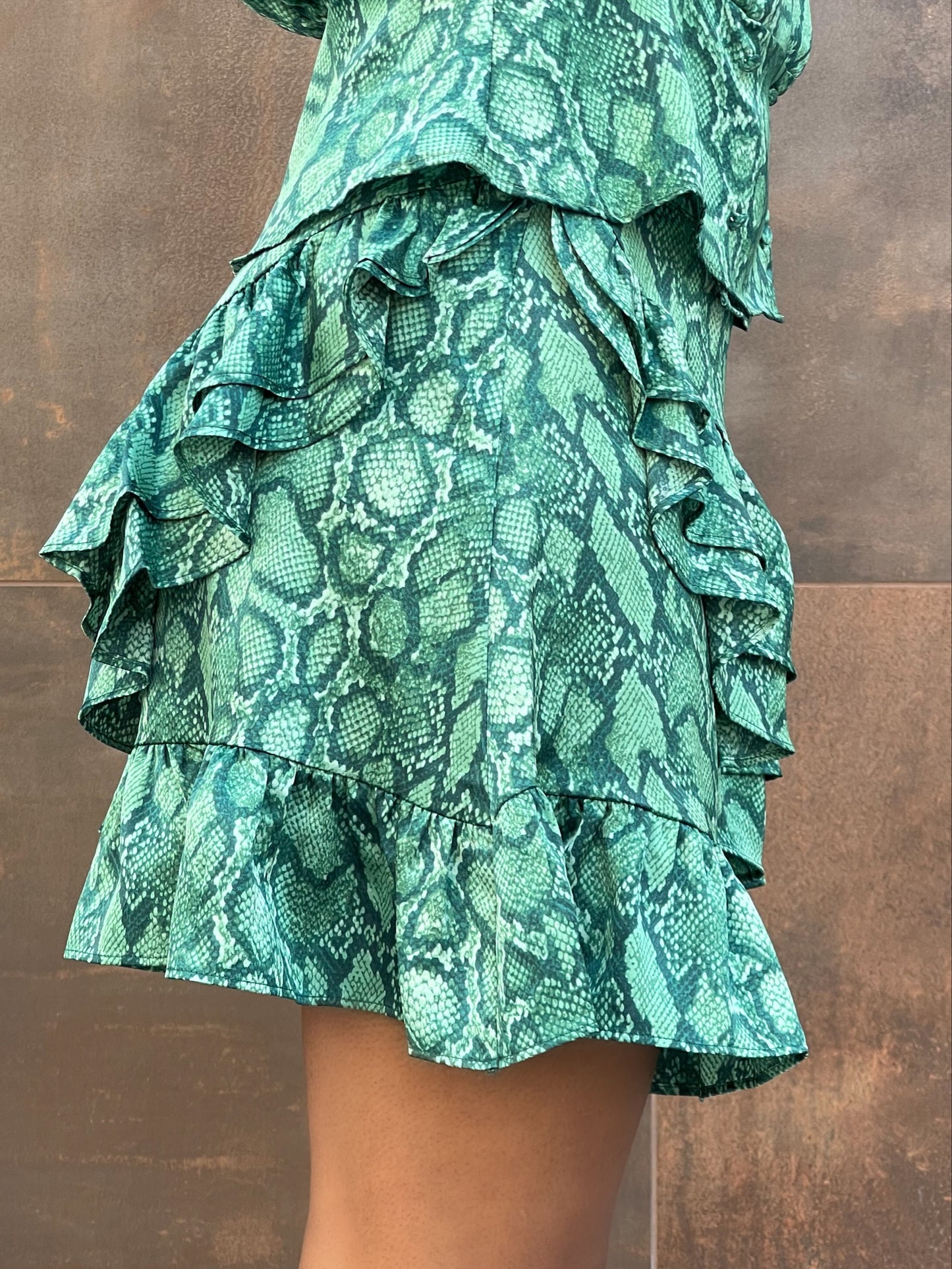 Sianey Snake Print Ruffle Mini Skirt